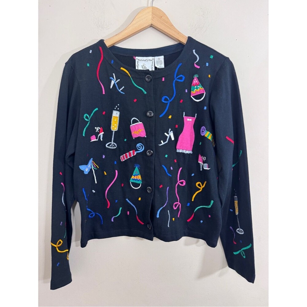 NWT Michael Simon Black Party Confetti Embroidered Cardigan size S Novelty Artsy